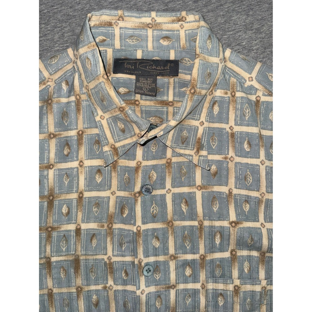 Tori Richard Mens 100% Silk Blue Leaf Geometric Pattern Shirt Size Large Resort